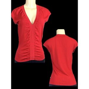 Bisou Jeans Red Ruched V-Neckline Cap Sleeve Stretch Knit Top Juniors Large